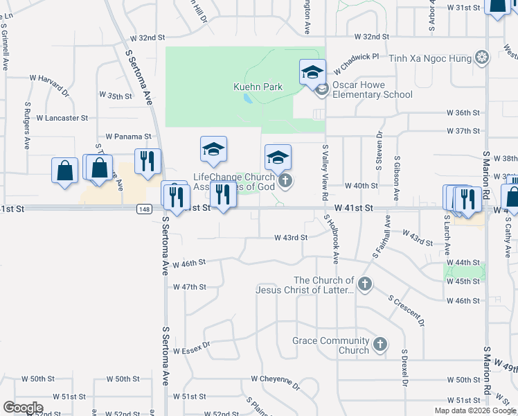 map of restaurants, bars, coffee shops, grocery stores, and more near 3500 South Kuehn Park Avenue in Sioux Falls