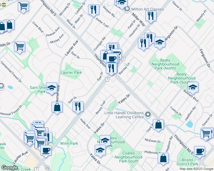 map of restaurants, bars, coffee shops, grocery stores, and more near 593 Hood Terrace in Milton