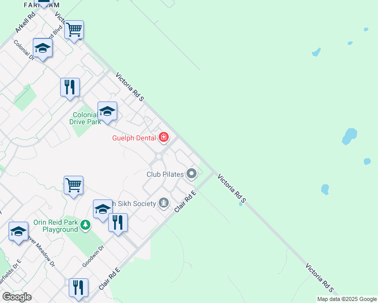 map of restaurants, bars, coffee shops, grocery stores, and more near 67 Kingsbury Square in Guelph