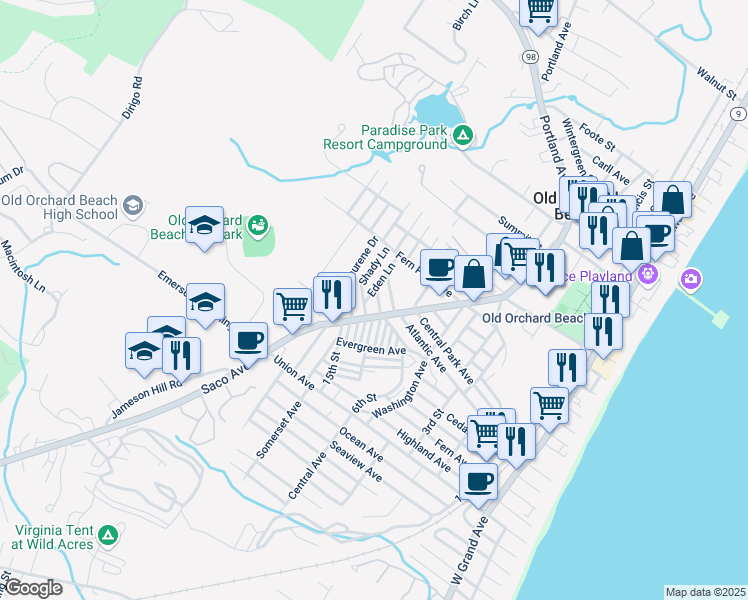 map of restaurants, bars, coffee shops, grocery stores, and more near 5 Pine Lane in Old Orchard Beach