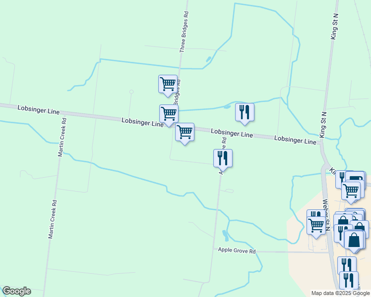 map of restaurants, bars, coffee shops, grocery stores, and more near 1420 Lobsinger Line in Waterloo