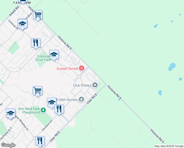 map of restaurants, bars, coffee shops, grocery stores, and more near 67 Kingsbury Square in Guelph
