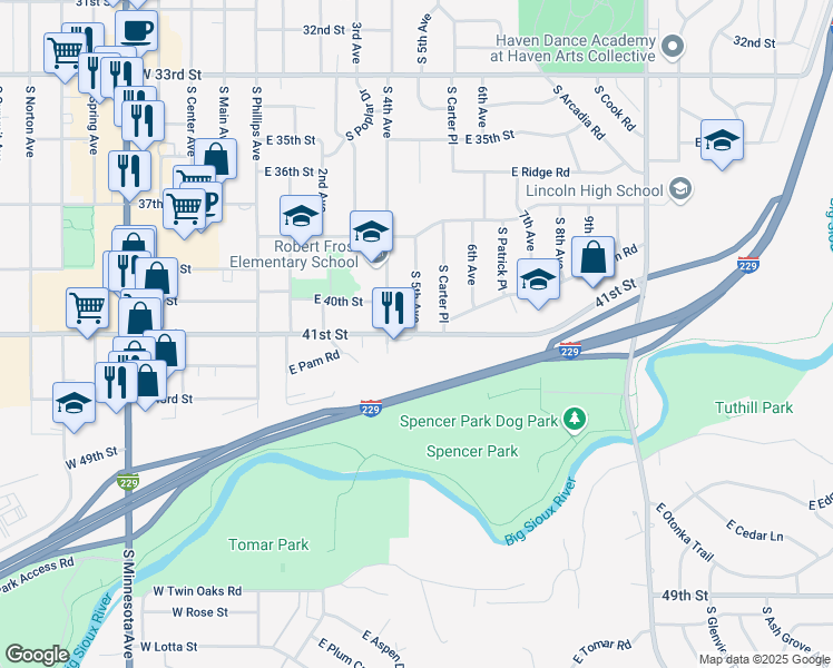 map of restaurants, bars, coffee shops, grocery stores, and more near 3298 South 5th Avenue in Sioux Falls