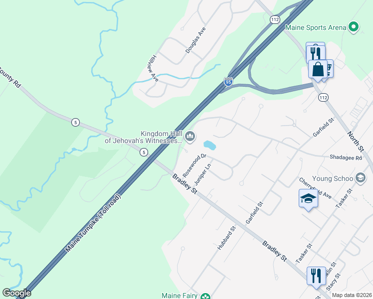 map of restaurants, bars, coffee shops, grocery stores, and more near 90A Shadagee Road in Saco