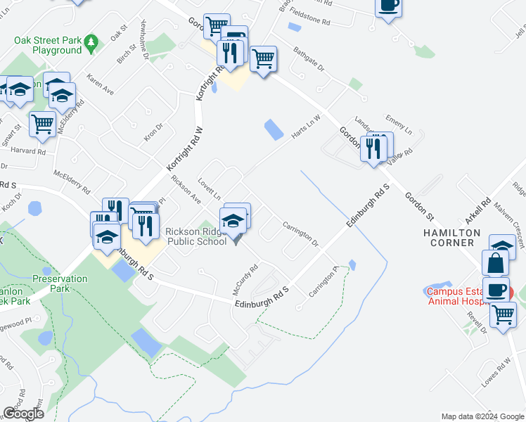 map of restaurants, bars, coffee shops, grocery stores, and more near 4 Darnell Road in Guelph