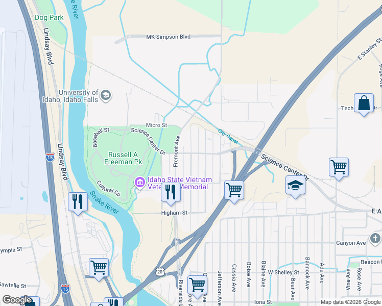 map of restaurants, bars, coffee shops, grocery stores, and more near 1098 Science Center Drive in Idaho Falls