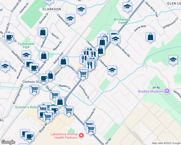 map of restaurants, bars, coffee shops, grocery stores, and more near 1848 Lakeshore Road West in Mississauga