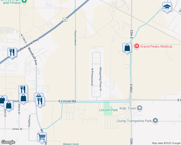 map of restaurants, bars, coffee shops, grocery stores, and more near 2107 North Pinewood Drive in Idaho Falls