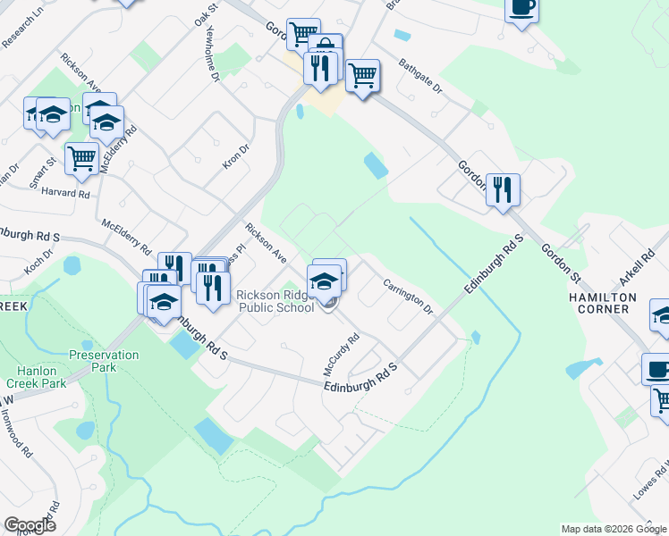 map of restaurants, bars, coffee shops, grocery stores, and more near 116 Lovett Lane in Guelph