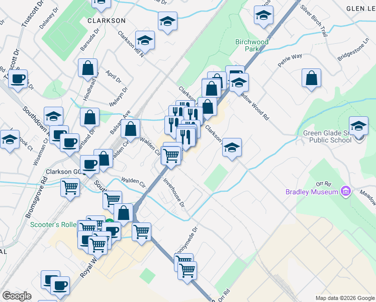 map of restaurants, bars, coffee shops, grocery stores, and more near 1844 Lakeshore Road West in Mississauga