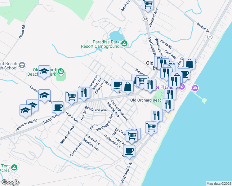 map of restaurants, bars, coffee shops, grocery stores, and more near 64 Saco Avenue in Old Orchard Beach