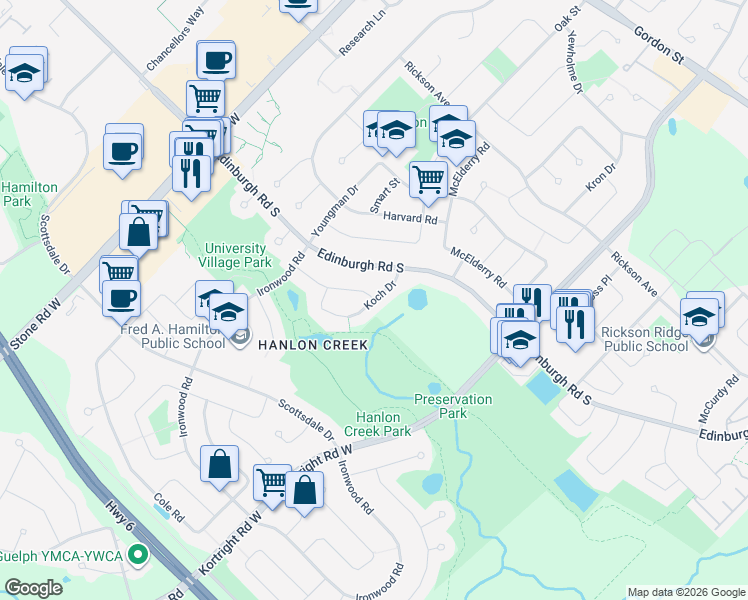 map of restaurants, bars, coffee shops, grocery stores, and more near Koch Drive in Guelph