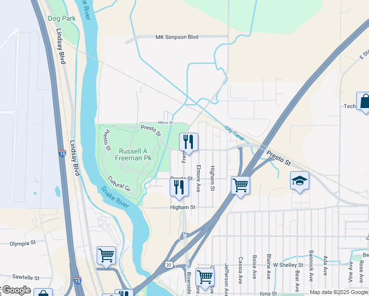 map of restaurants, bars, coffee shops, grocery stores, and more near 1170 Science Center Dr in Idaho Falls