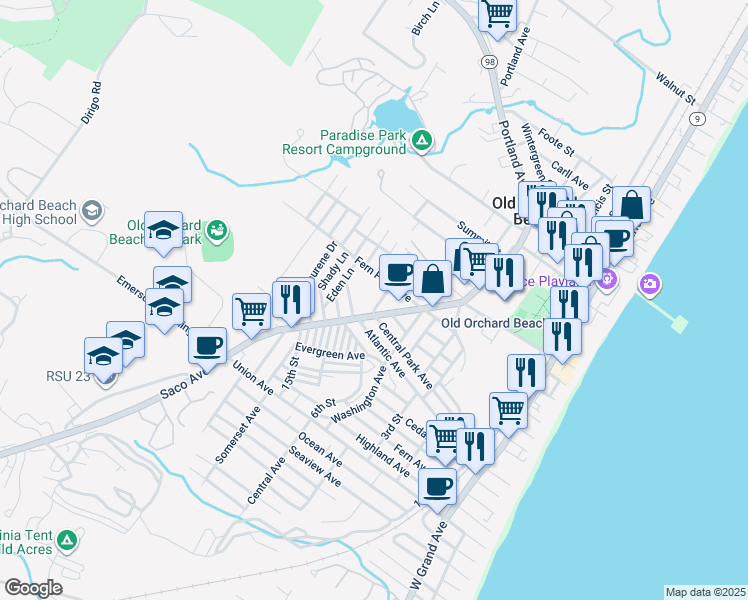 map of restaurants, bars, coffee shops, grocery stores, and more near 12 Wildwood Lane in Old Orchard Beach