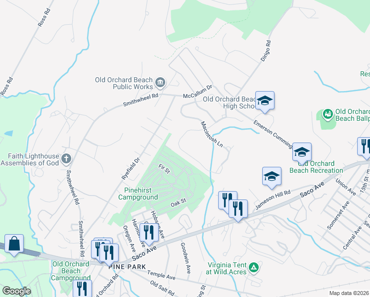 map of restaurants, bars, coffee shops, grocery stores, and more near 72 Kavanaugh Road in Old Orchard Beach