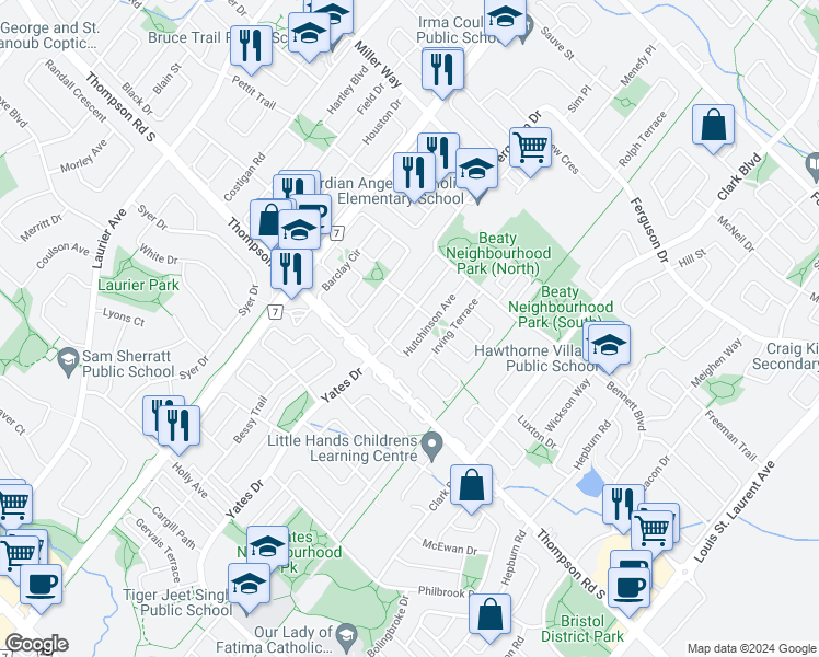 map of restaurants, bars, coffee shops, grocery stores, and more near 1030 Yates Drive in Milton