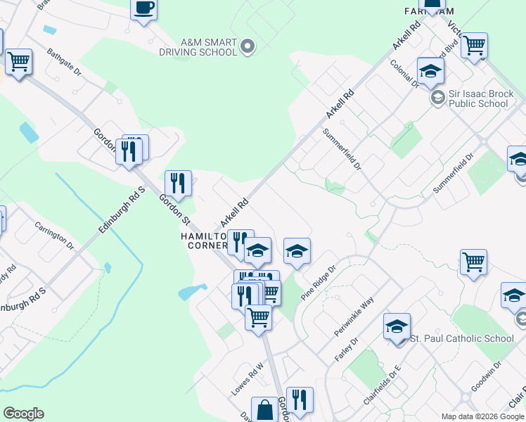 map of restaurants, bars, coffee shops, grocery stores, and more near 8 Malvern Crescent in Guelph