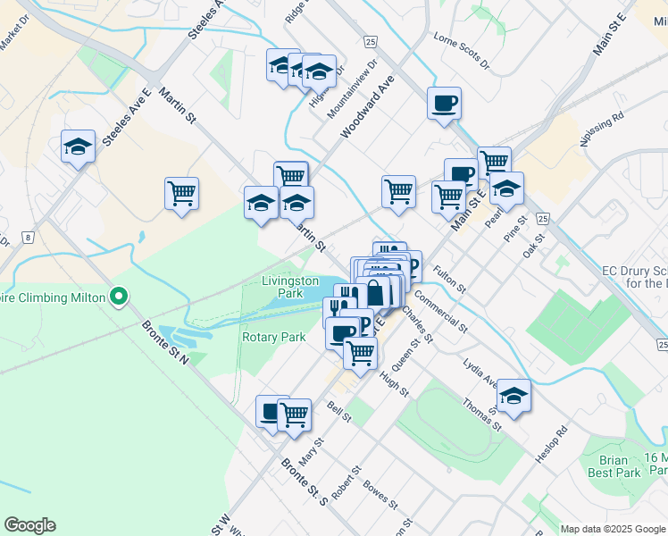 map of restaurants, bars, coffee shops, grocery stores, and more near 86 Martin Street in Milton