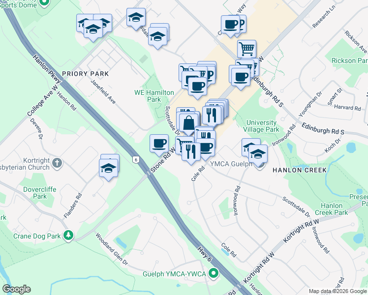 map of restaurants, bars, coffee shops, grocery stores, and more near 615 Scottsdale Drive in Guelph