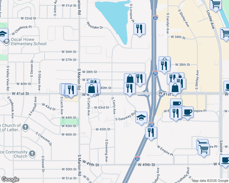 map of restaurants, bars, coffee shops, grocery stores, and more near 4804 West 41st Street in Sioux Falls
