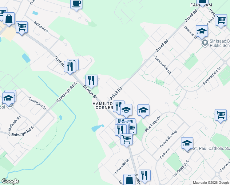 map of restaurants, bars, coffee shops, grocery stores, and more near 54 Arkell Road in Guelph