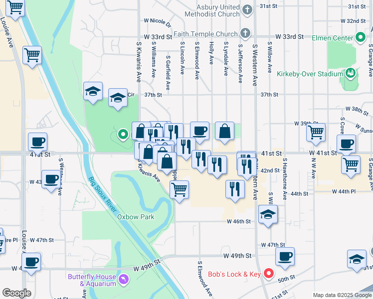 map of restaurants, bars, coffee shops, grocery stores, and more near 2600 West 41st Street in Sioux Falls