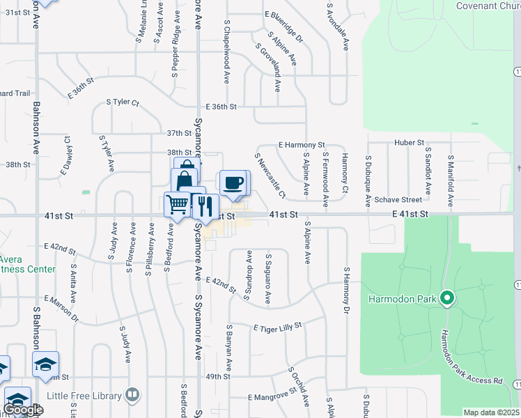 map of restaurants, bars, coffee shops, grocery stores, and more near East Pampas Place in Sioux Falls