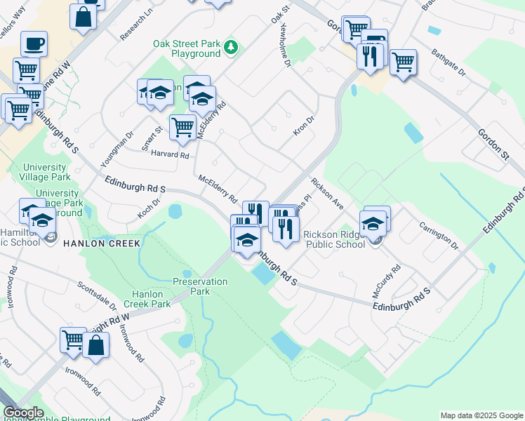 map of restaurants, bars, coffee shops, grocery stores, and more near 147 Kortright Road West in Guelph