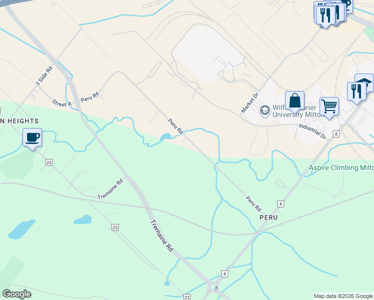 map of restaurants, bars, coffee shops, grocery stores, and more near 48 Peru Road in Milton