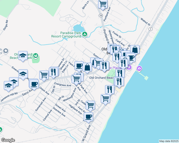 map of restaurants, bars, coffee shops, grocery stores, and more near in Old Orchard Beach