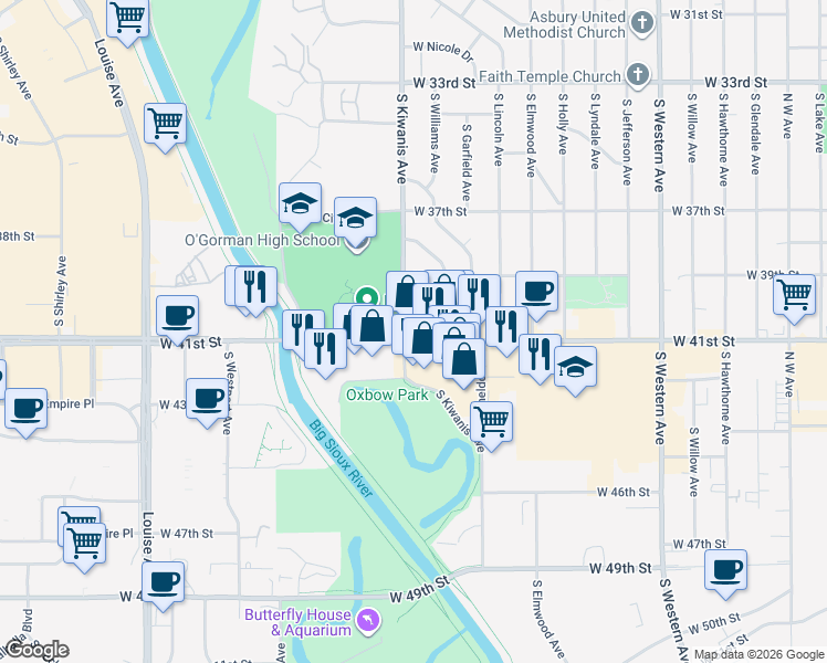 map of restaurants, bars, coffee shops, grocery stores, and more near 2808 West 41st Street in Sioux Falls