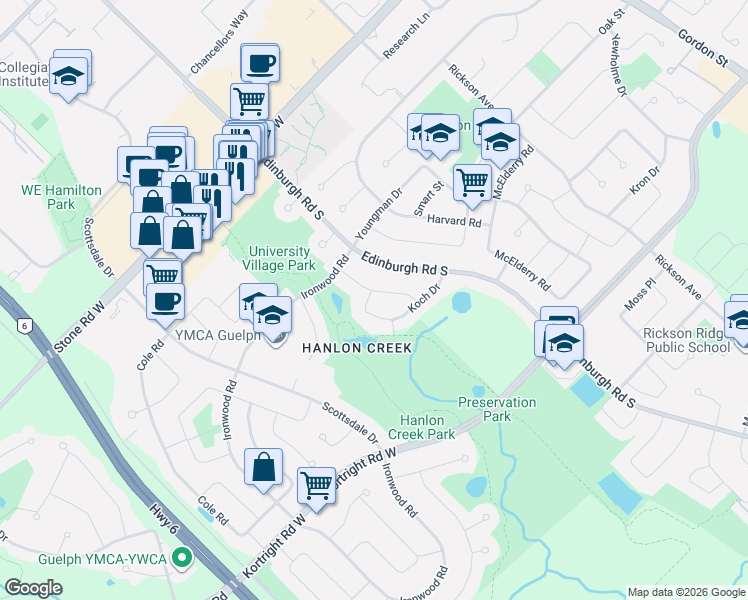 map of restaurants, bars, coffee shops, grocery stores, and more near 4 Koch Drive in Guelph