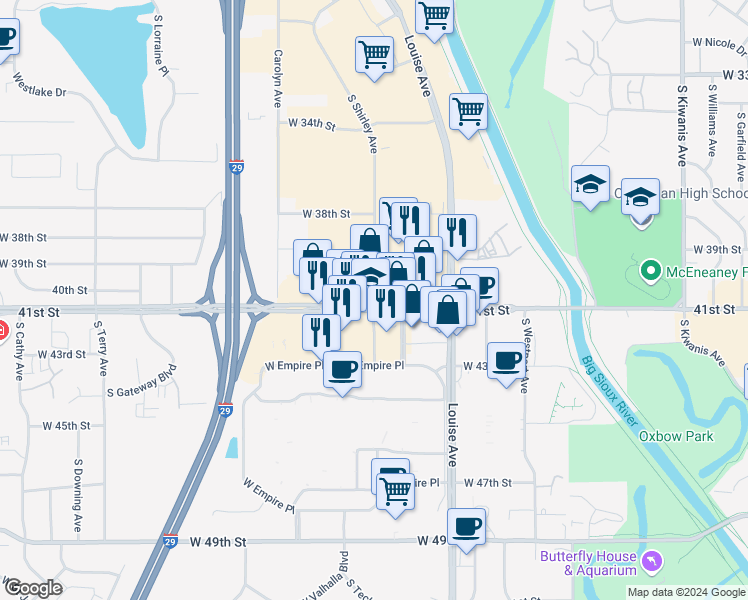 map of restaurants, bars, coffee shops, grocery stores, and more near 3926 West 41st Street in Sioux Falls