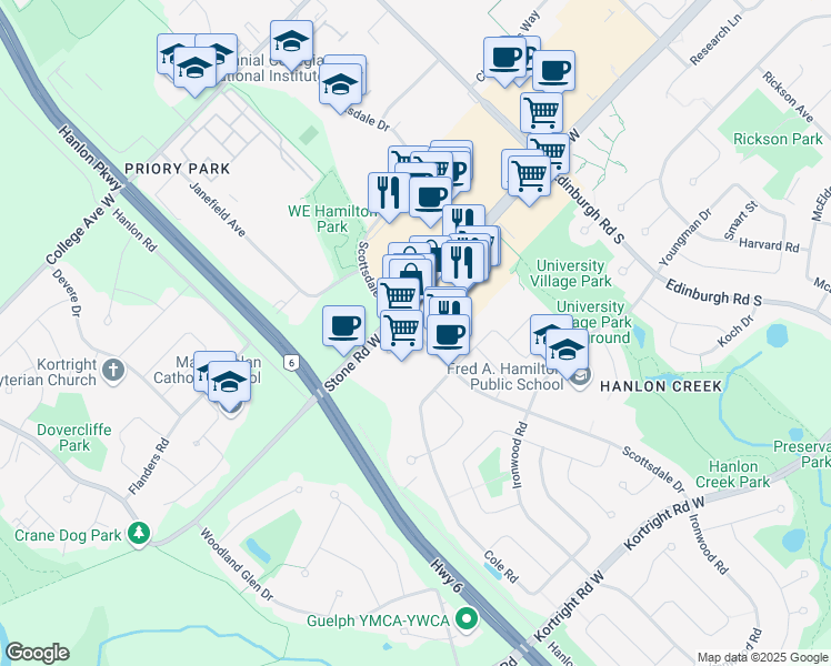 map of restaurants, bars, coffee shops, grocery stores, and more near Scottsdale Drive in Guelph