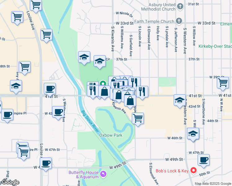 map of restaurants, bars, coffee shops, grocery stores, and more near 2808 West 41st Street in Sioux Falls