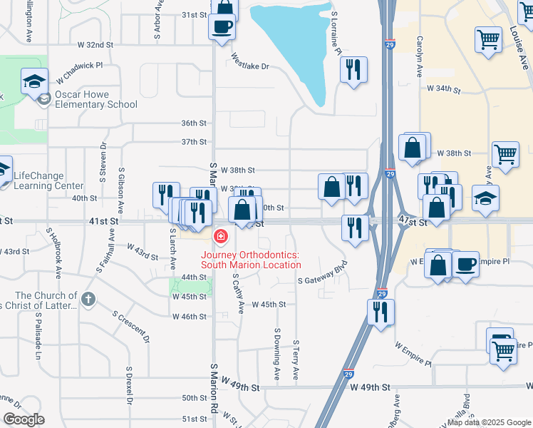 map of restaurants, bars, coffee shops, grocery stores, and more near 5001 West 40th Street in Sioux Falls