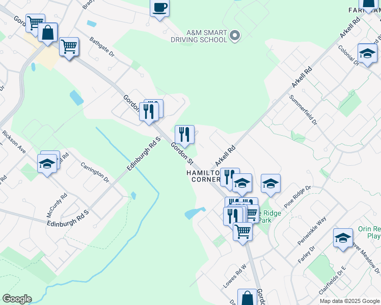 map of restaurants, bars, coffee shops, grocery stores, and more near 1300 Gordon Street in Guelph
