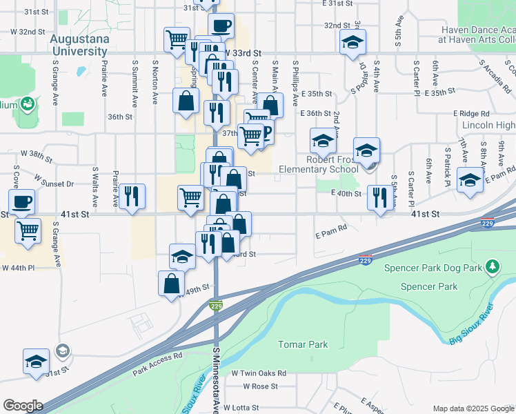 map of restaurants, bars, coffee shops, grocery stores, and more near 214 West 41st Street in Sioux Falls