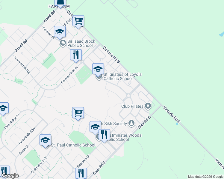 map of restaurants, bars, coffee shops, grocery stores, and more near 38 Baxter Drive in Guelph