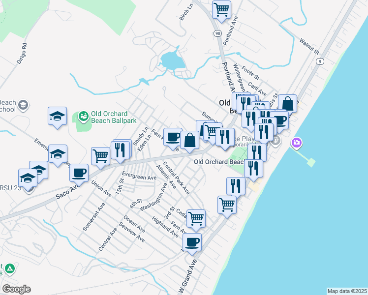 map of restaurants, bars, coffee shops, grocery stores, and more near in Old Orchard Beach