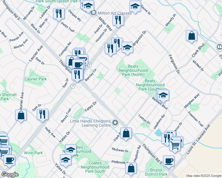 map of restaurants, bars, coffee shops, grocery stores, and more near 1030 Yates Drive in Milton