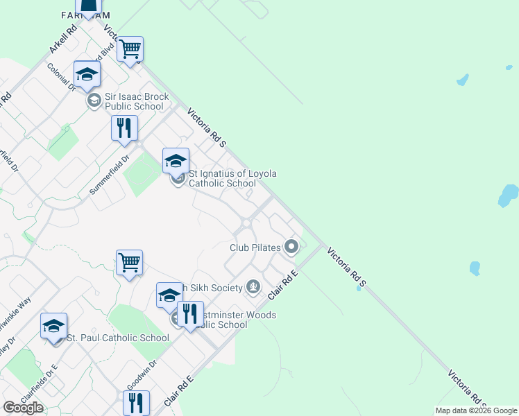 map of restaurants, bars, coffee shops, grocery stores, and more near Frederick Drive in Guelph