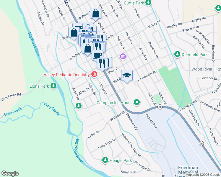 map of restaurants, bars, coffee shops, grocery stores, and more near Elm Street in Hailey