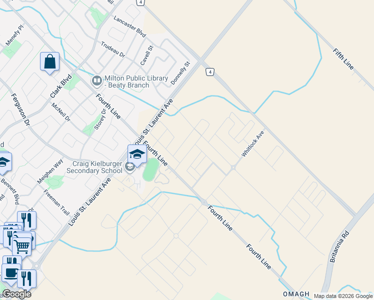 map of restaurants, bars, coffee shops, grocery stores, and more near 1583 Severn Drive in Milton