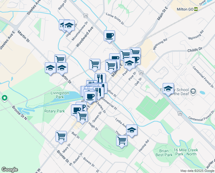map of restaurants, bars, coffee shops, grocery stores, and more near 298 Main Street East in Milton