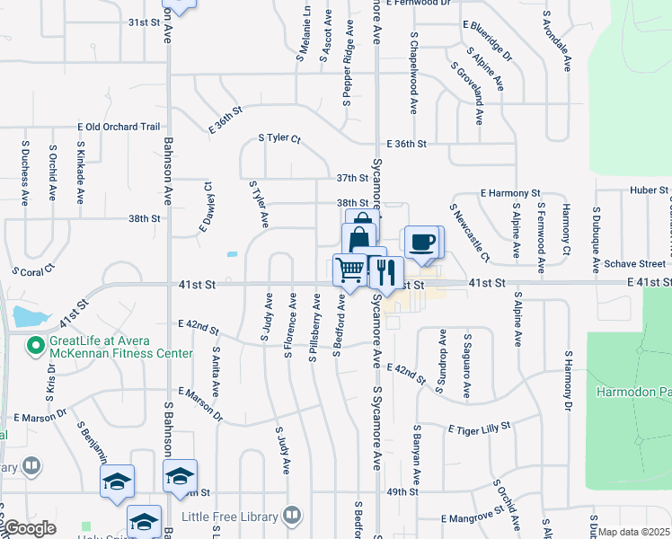 map of restaurants, bars, coffee shops, grocery stores, and more near 3272 South Pillsberry Avenue in Sioux Falls