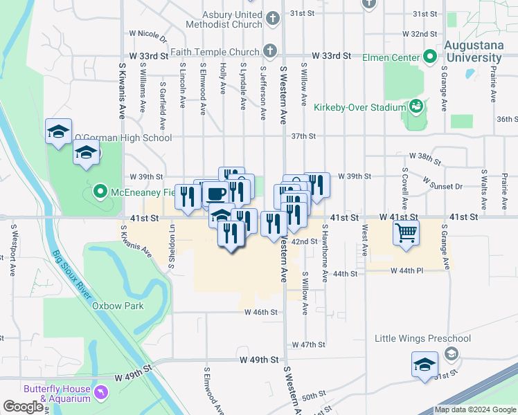 map of restaurants, bars, coffee shops, grocery stores, and more near 2208 West 41st Street in Sioux Falls
