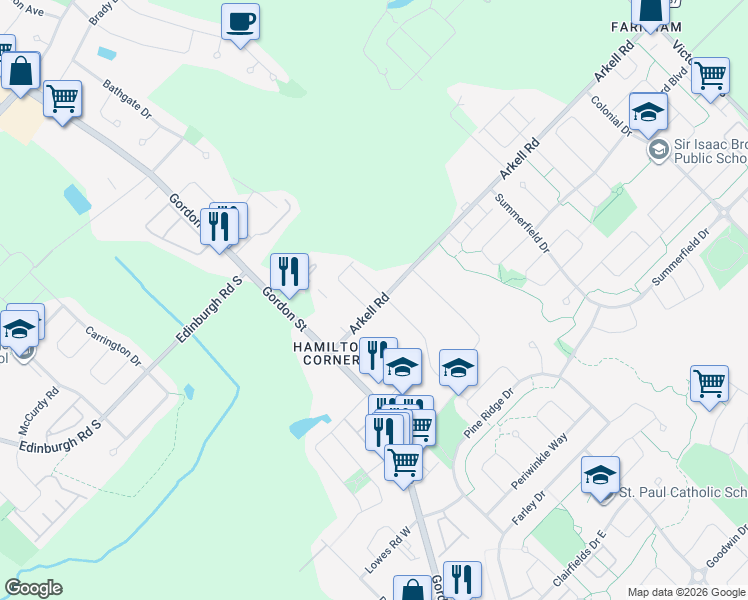 map of restaurants, bars, coffee shops, grocery stores, and more near 54 Arkell Road in Guelph