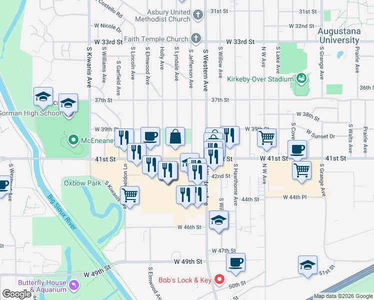 map of restaurants, bars, coffee shops, grocery stores, and more near 2208 West 41st Street in Sioux Falls