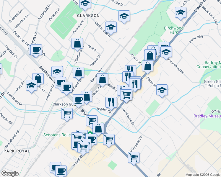 map of restaurants, bars, coffee shops, grocery stores, and more near 1080 Walden Circle in Mississauga